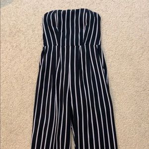 Black and White Striped, Strapless Jumpsuit